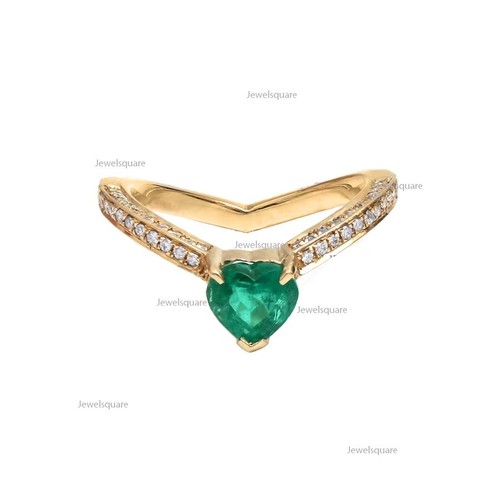 Heart Natural Emerald & Natural Diamond Curve Band Ring 14k Gold Heart