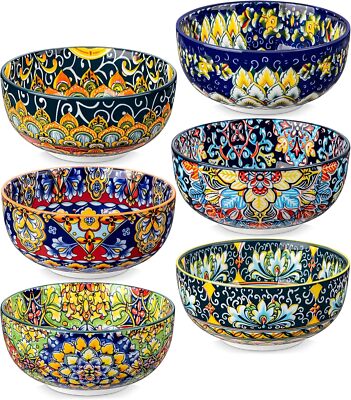 Cereal Bowls Set of 6, Bohemian Ceramic Soup Bowls, 28 oz Colorful Bowls Set
