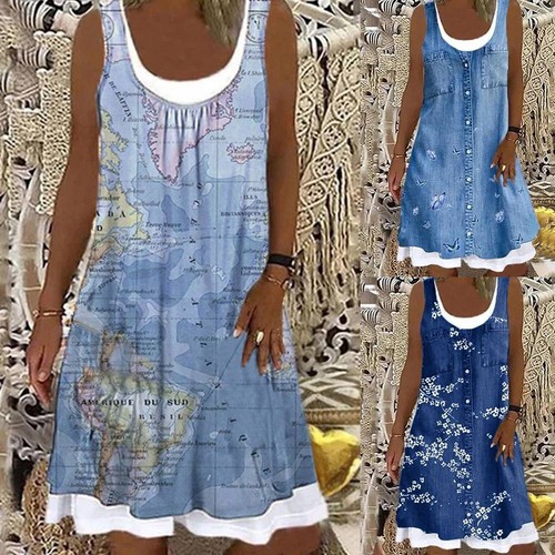 Women Imitation Denim Sleeveless Midi Dress Ladies Summer Holiday Beach Sundress