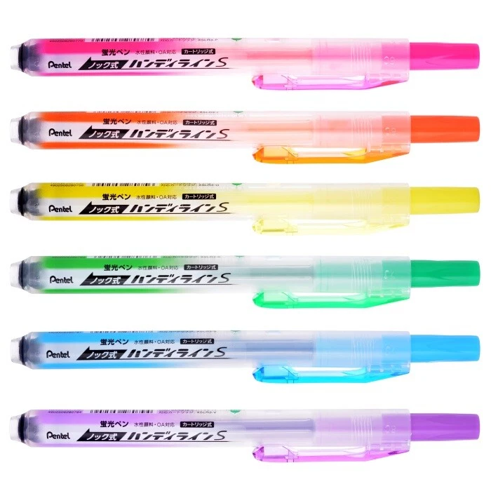 Pentel Línea Práctica Iluminador Colores Plumas Verde Amarillo Púrpura Golpe Retráctil Foto 2 de 4