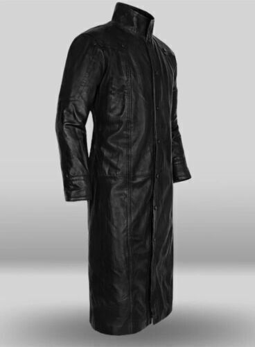 Black Men Trench Coat Lambskin Leather Handmade Men's Long Jacket Business - Picture 3 of 9