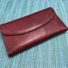 Mundi Maroon Leather Kiss Lock Wallet Clutch Checkbook Billfold ID Viewer Cards