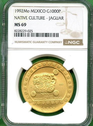 MEXICO   1992MO   1000 PESO   GOLD  ONE OZ   NGC MS 69  NATIVE CULTURE  JAGUAR