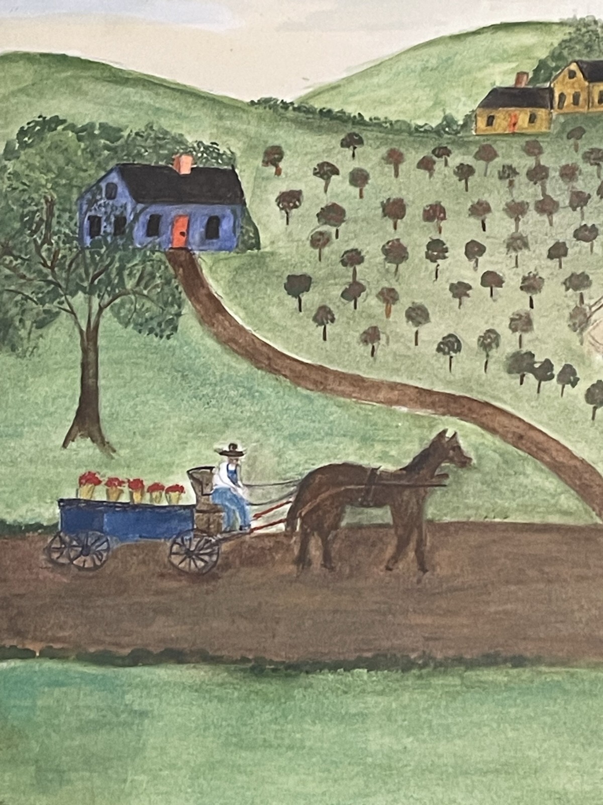 Evelyn S Dubiel (1922-2019), Original Folk Art Painting,Bucolic Naïve Style Farm