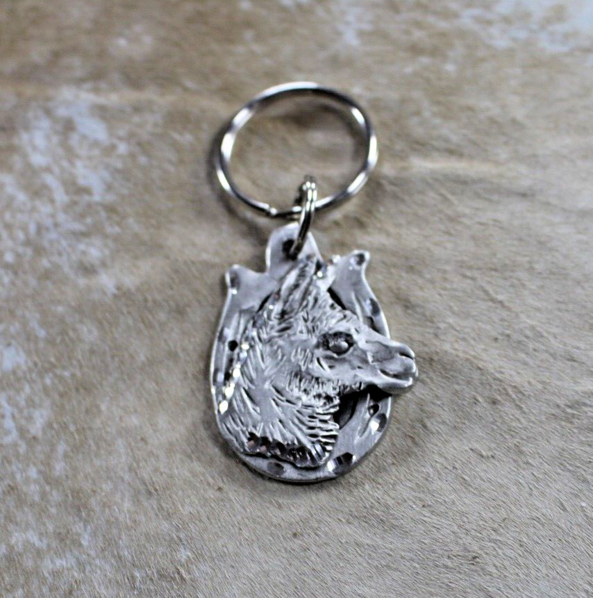 Llama Key Ring 2 x 1.50 in Horseshoe Diamond cut Pewter Handcrafted