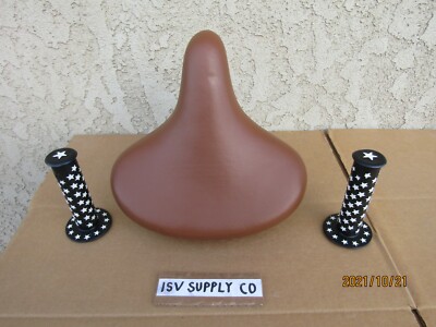 NEW BICYCLE BROWN CRUISER SEAT & GRIPS  FOR MTB, BMX, CRUISER, TRICYCLE .