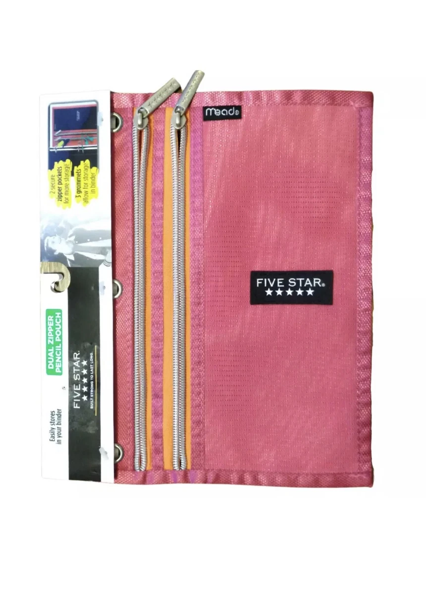 Five Star Pink Pencil Pouch 2 Zipper Pocket 3 Grommets Clip in Binder  Storage