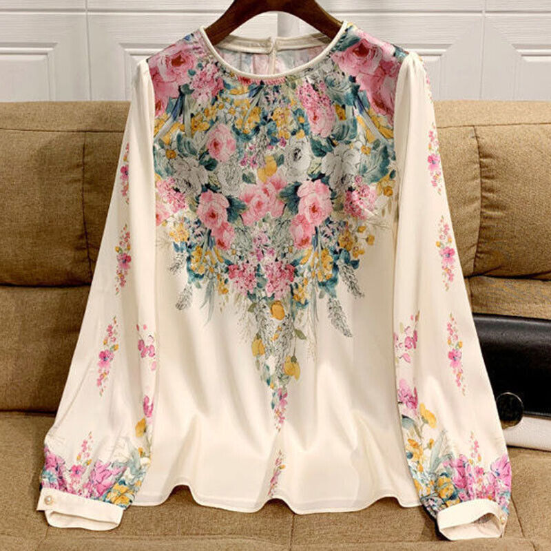 Lady Long Lantern Sleeve Floral Print Top Blouse Round Neck Lady Long Lantern Sleeve Floral Print Top Blouse Round Neck