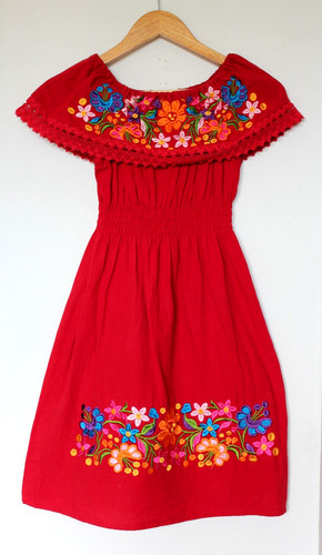 VTG 70s Mexican Oaxacan Embroidered Red Peasant Dress Girl 12 Single Stitch PXS