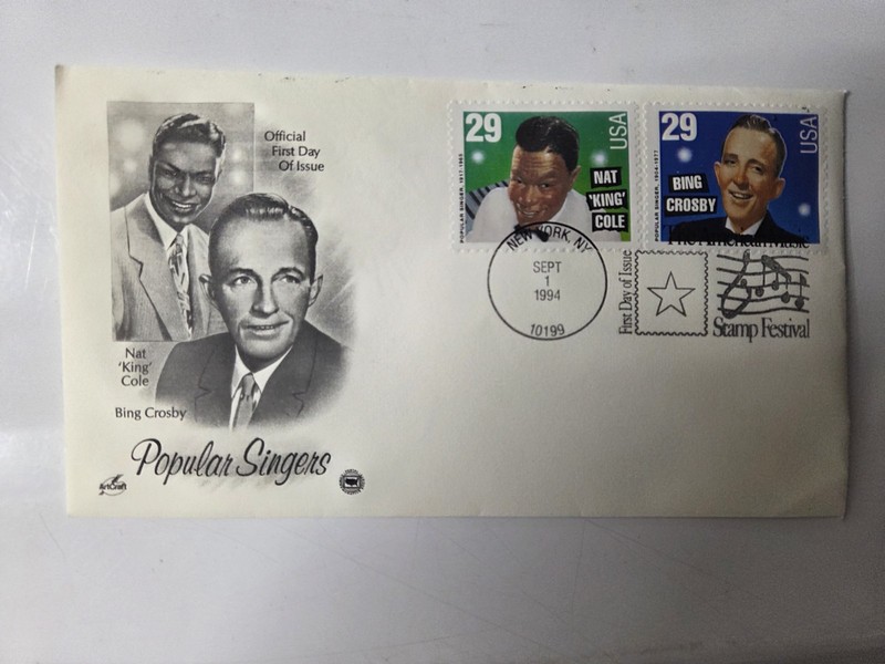 Popular SINGERS ENVELOPE NAT KING COLE BING CROSBY UNADDRESSED  STAMPS 1994 NYC