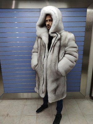 Luxury Full Skin Blue Fox Fur Mens Coat Real Fur DOUBLESIDED With Hood