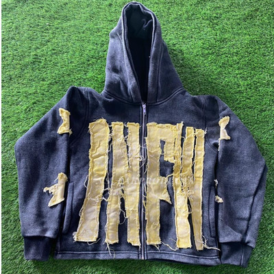 Vintage wash Hoodie Men's Streetwear Hoodie Black Distressed Hooded Sweatshirt