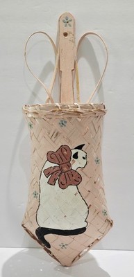 Wall Pocket Cat Painted Pink Vintage Hanging Wicker Basket 14.5'' Rattan Cute! 