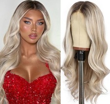 HD Lace Front Wig Human Hair Blend Highlights Wavy Curly Platinum Ash blonde