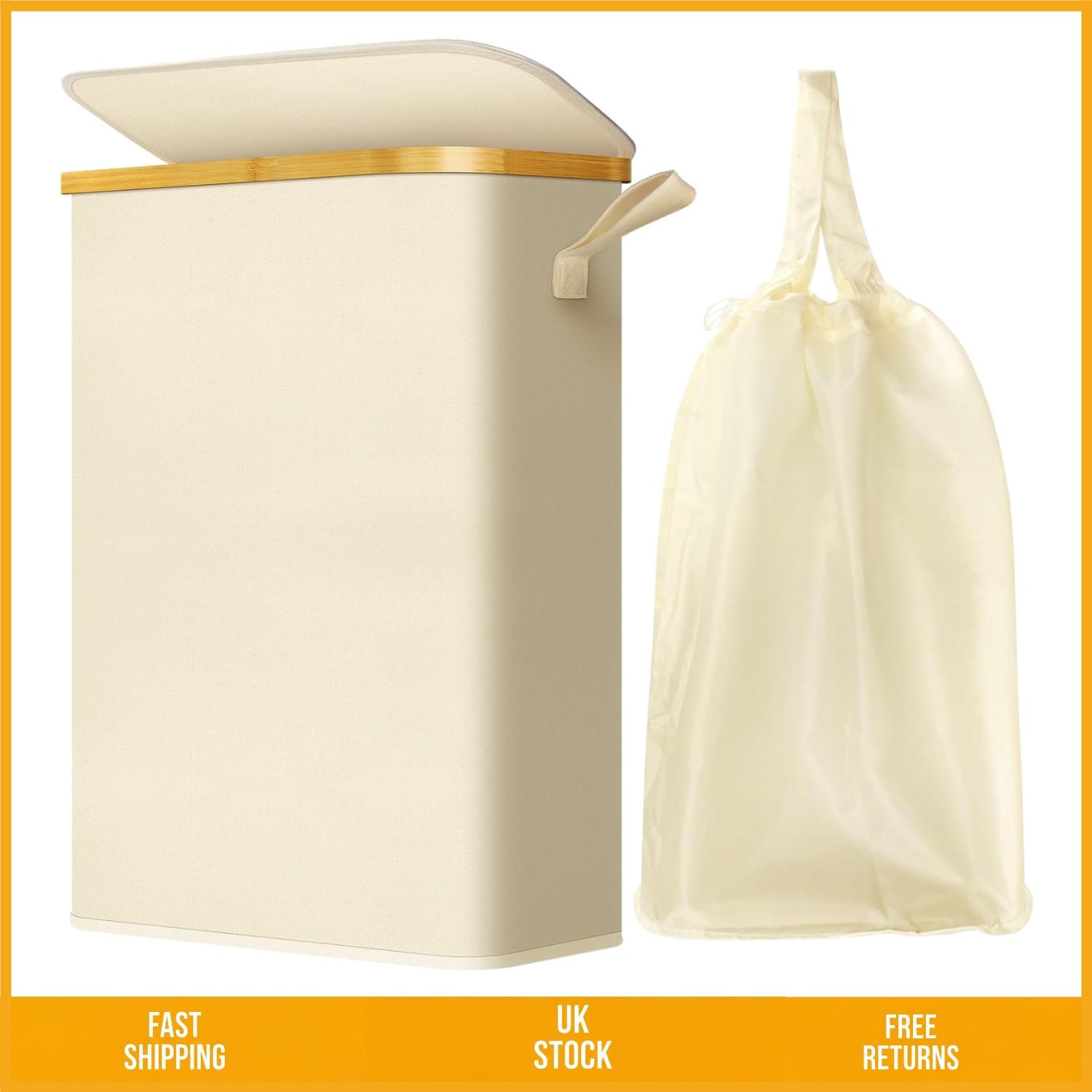Elegant Slim Laundry Basket With Lid Bamboo Handles Removable Liner Bag 70L