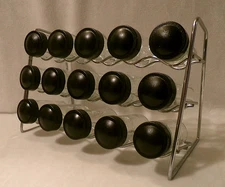 POLISHED CHROME 3-TIERED SPICE RACK w/15 EMPTY GLASS SPICE JARS/BLACK LIDS