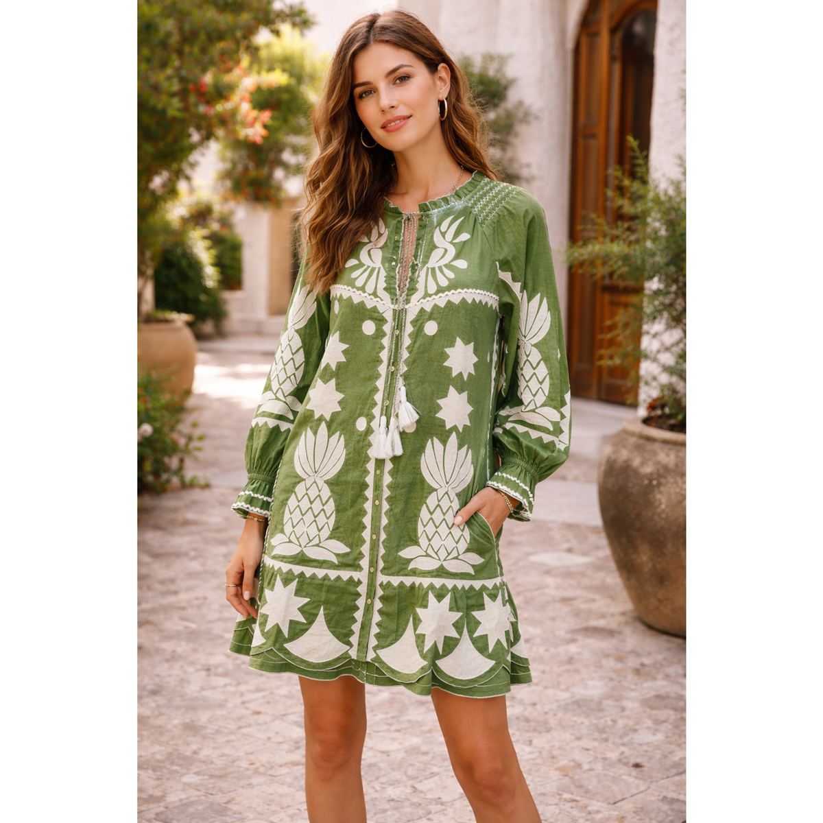 NWT Monsoon Embroidered pineapple Applique Cotton Dress Green Smocking Size  -S | eBay