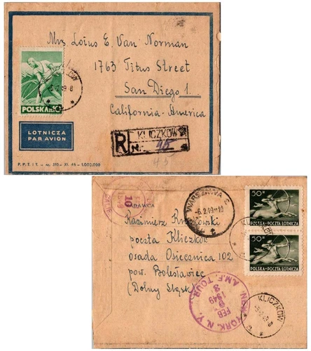 Poland 10z Farmer and Reverse Franked 50z Centaur (2) 1949 Kliczkow Air Letter A