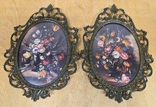 2 Vintage Brass Floral  Picture Frames Oval Convex Bubble Glass Italian Italy 