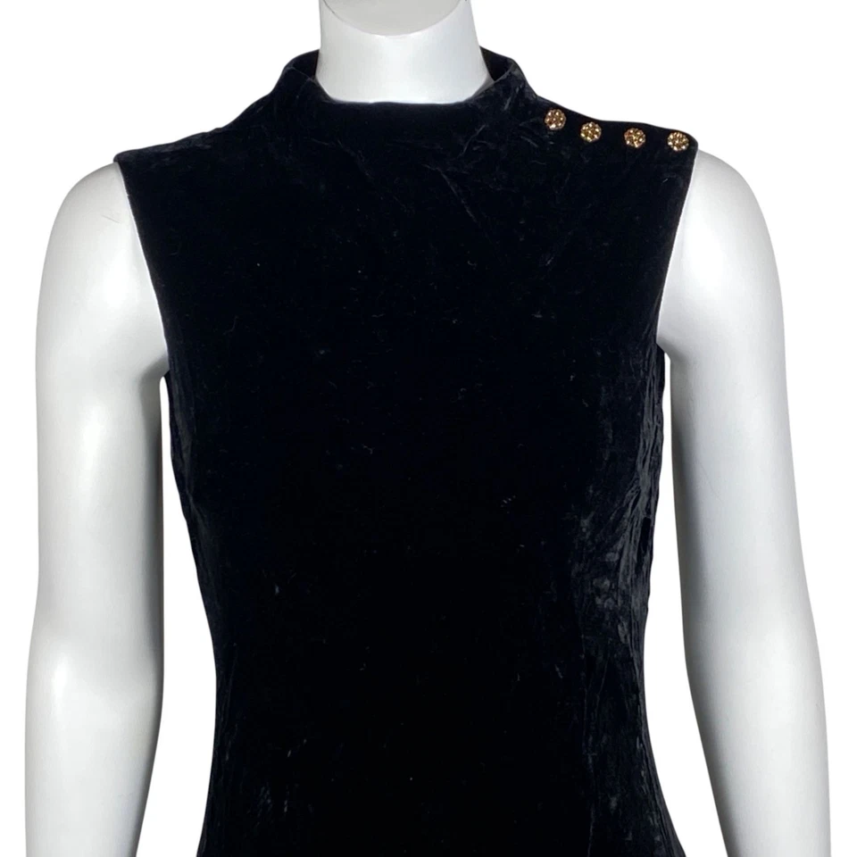 Vestido midi vintage Evan-Picono negro terciopelo sin mangas talla 8 detalles de botones Foto 2 de 4