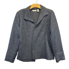 Chicos Black Crinkle Textured Open Front Jacket Blazer Size 1 Medium Striped