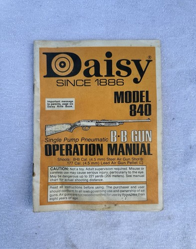 Daisy Model 840 BB Gun Operation Manual Vintage