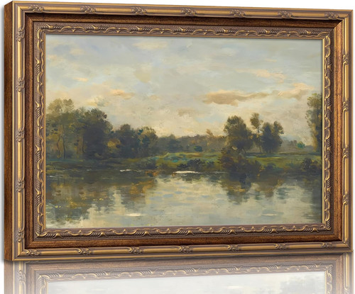 Vintage Gold Framed Landscape Wall Art Vintage River Painting Canvas Prints L...