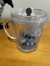 Disney Lilo Stitch "Ohana" Glass Coffee Tea Mug With Lid 14 Ounces