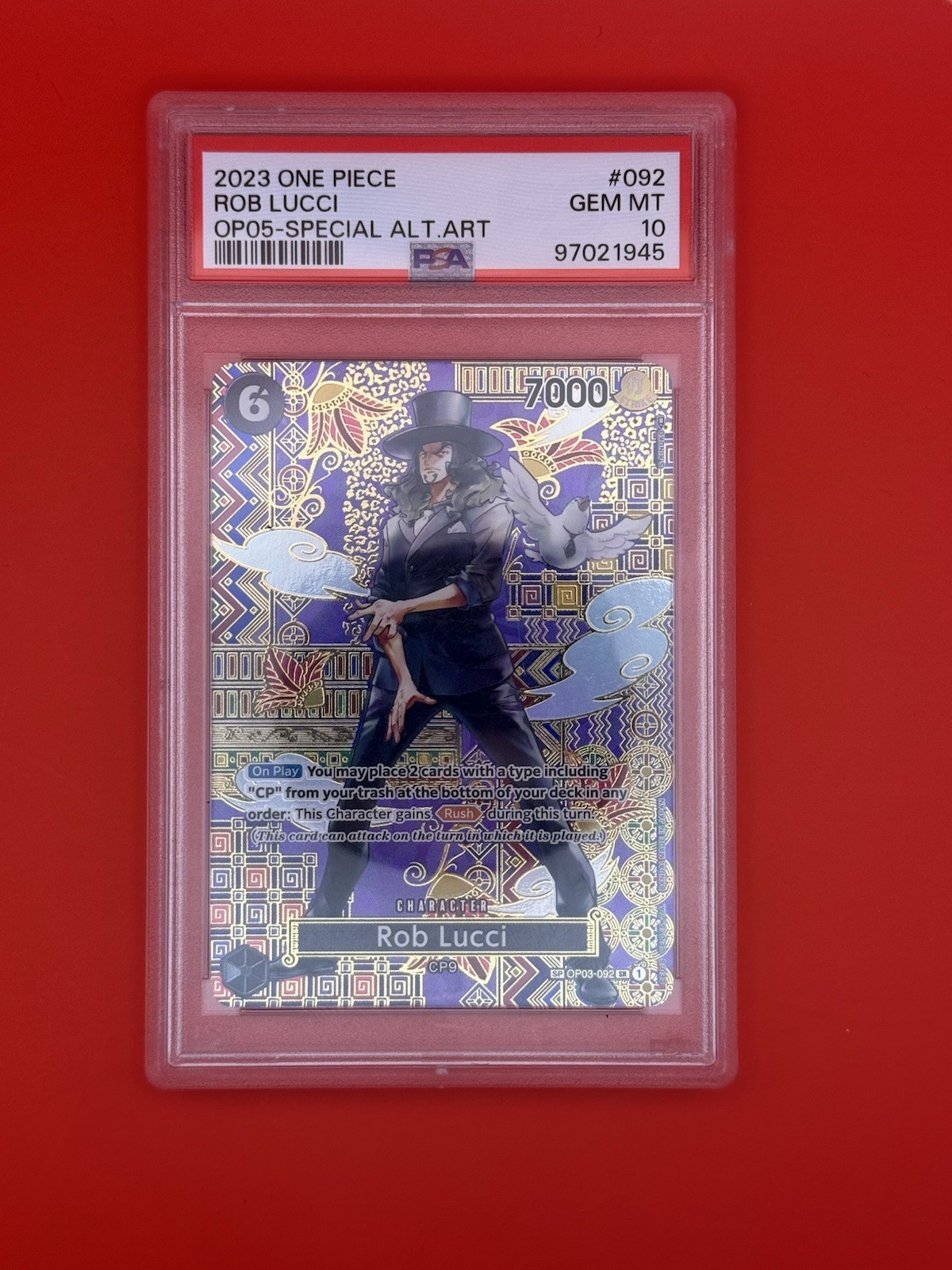Bandai 2023 One Piece Card Game Rob Lucci #092 OP05 SP Alt Art Foil PSA 10