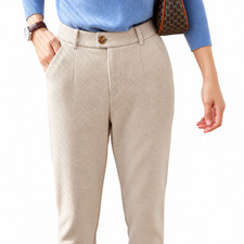 Women  s Beige Herringbone High Waist Trousers Straight Leg Office Dress Pants