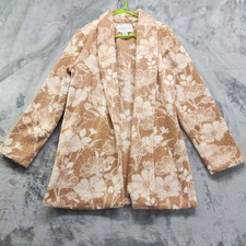 Rachel Zoe Jacket Womens Size M Tan White Floral Fuzzy Open Front Long Length
