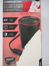 Monster 150W Cup Holder Power Inverter 4 USB-A Ports AC Outlet Card Holder