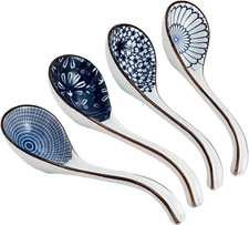 Ceramic Soup Spoons Sets of 4,Asian Soup Spoons,Long Ramen Spoons,Japanese Soup