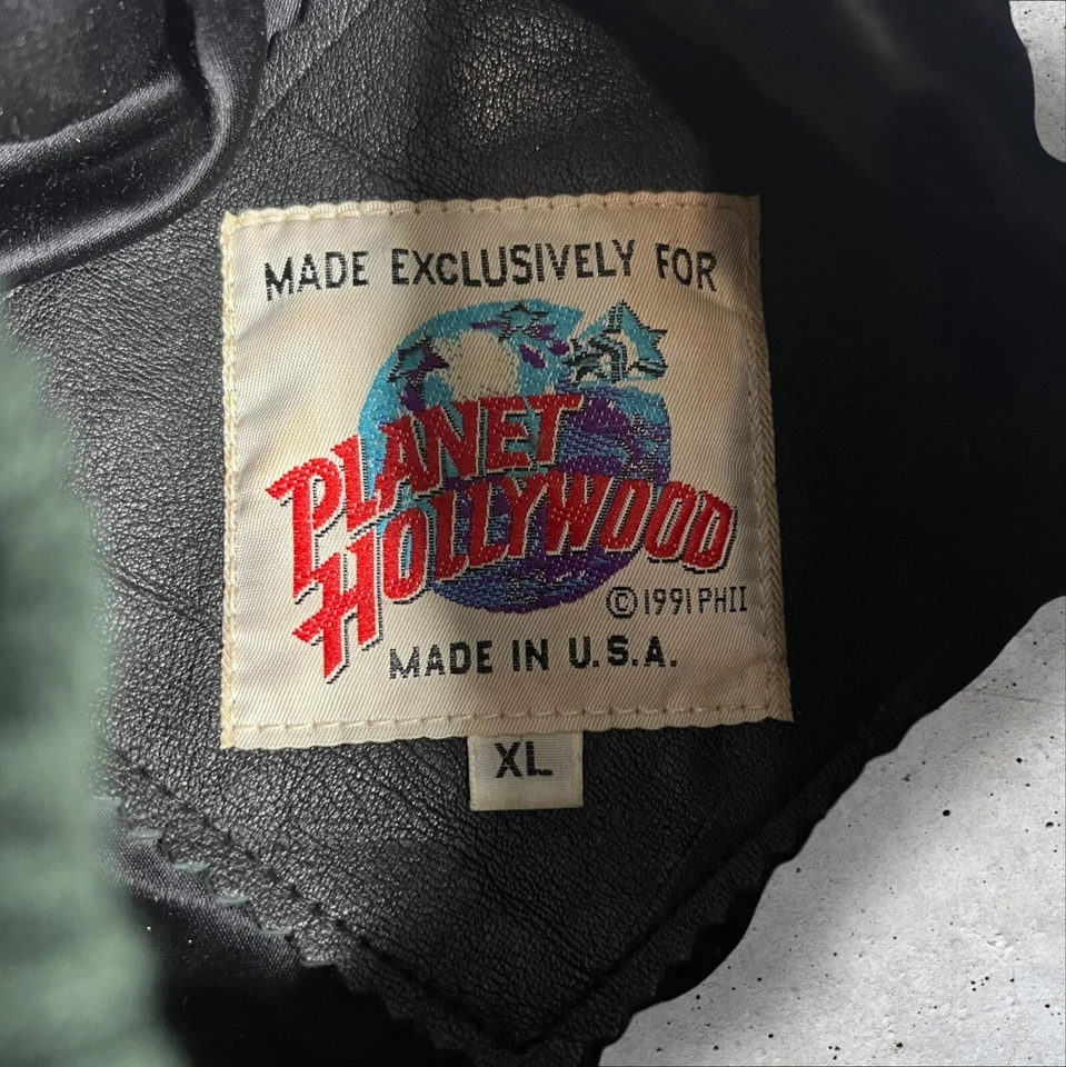 Vintage Planet Hollywood Green Wool Leather Varsity Bomber Jacket Size XL - Image 3 of 4