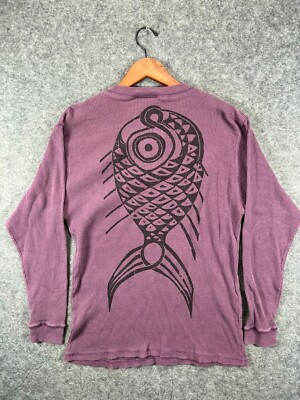 VTG Luna Pier Fish Sweater Mens XL Pink Pullover Henley Waffle Knit 100% Cotton