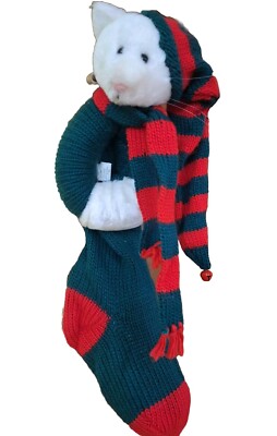 Vintage Dept 56 Cat Christmas Stocking Red/Green With Scarf And Bell
