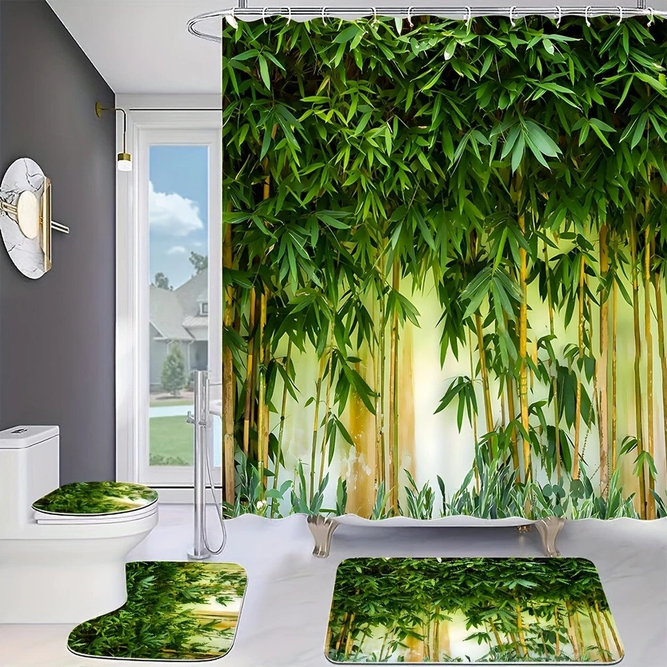 Juego de alfombras de baño cortina de ducha de bambú verde alfombra de baño suave tapa de inodoro cubierta regalo Foto 2 de 4