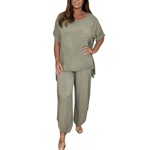 Women Suit Short Sleeve And Long Pants Solid Top And Pants Set Cotton And Linen - Picture 11 of 51