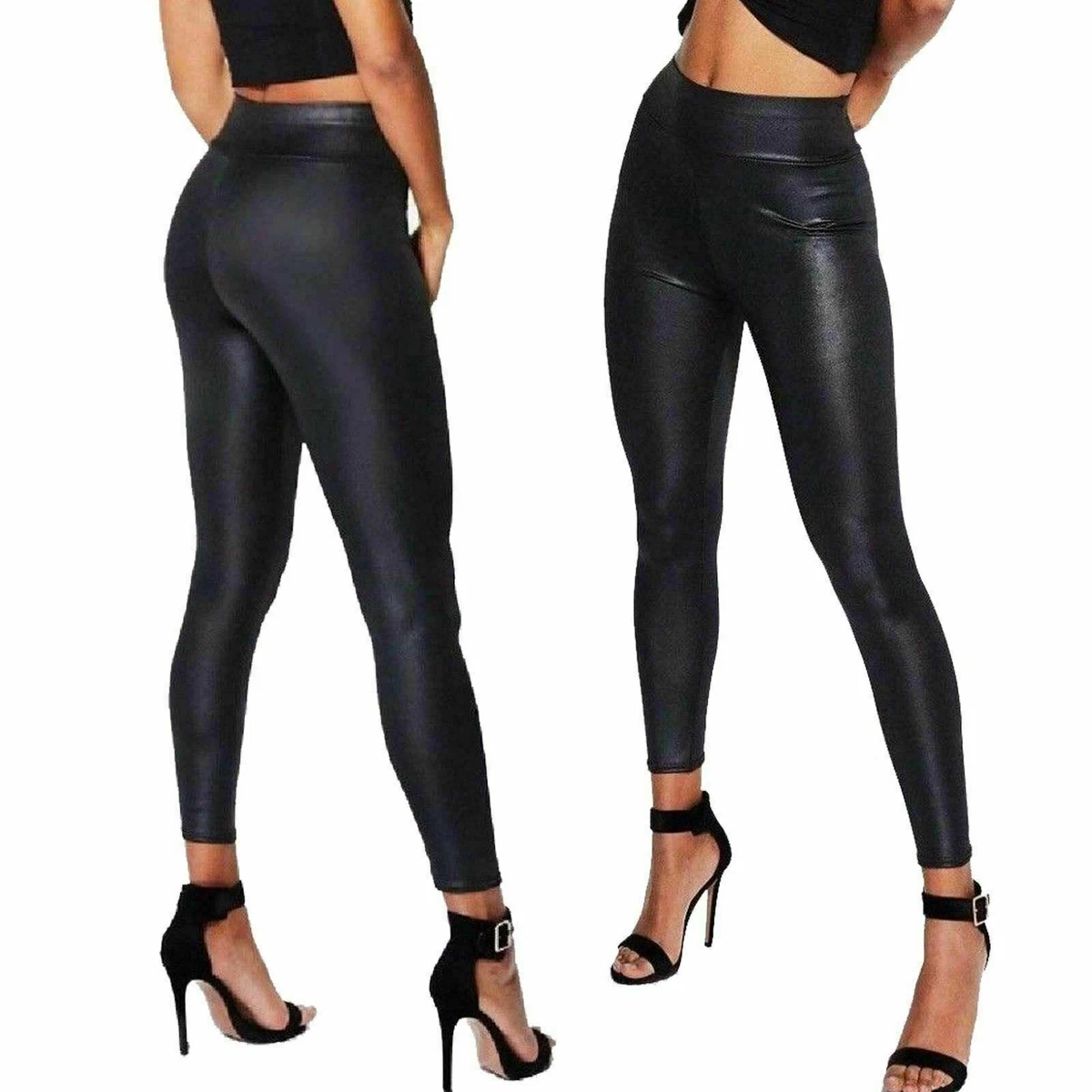 Women's High Waist Leather Look Jeans - Stretch Faux Leather, Wet Look, Sizes 10-22