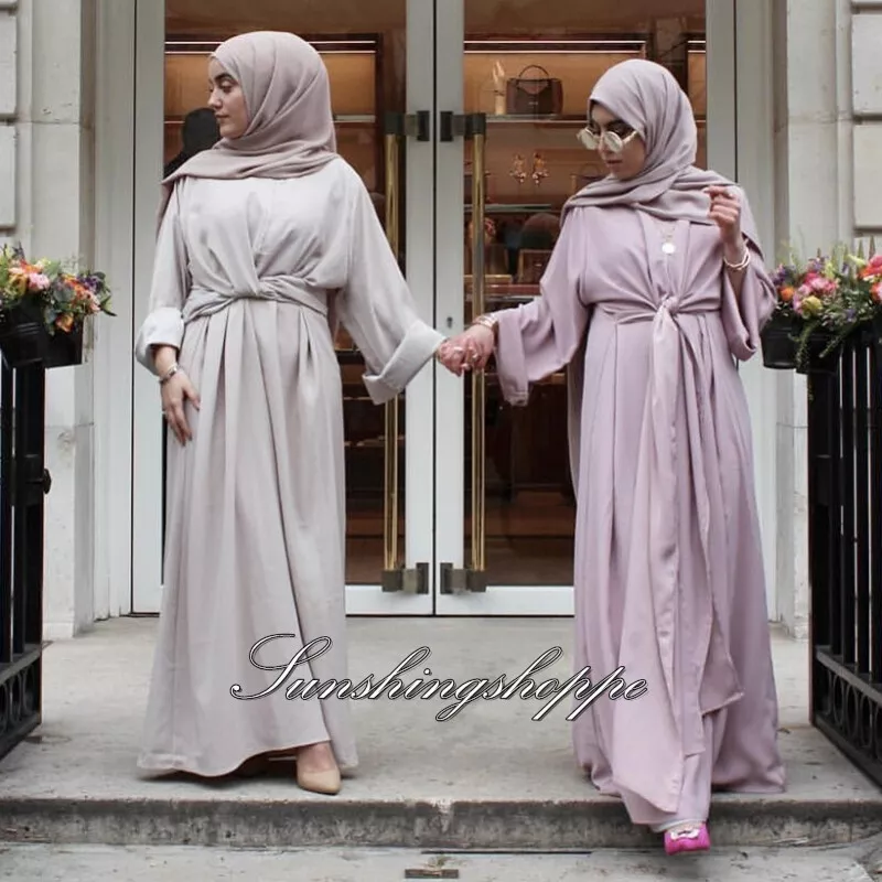 Islamic Muslim Party Dresses Women Dubai Belted Tunic Abaya Kaftan