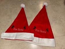 2 Christmas KISS SANTA Hats Mens Women s One Size Red White Embroidery Mistletoe