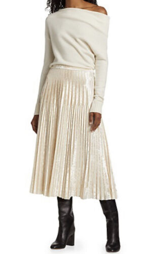 Halston Sloan Skirt Cream Pleated Midi Crushed Vel