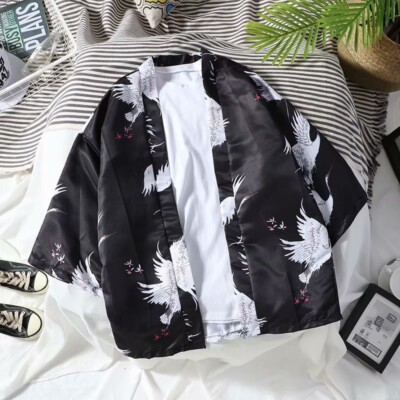 Men Kimono Cardigan Japanese Top Loose Coat Yukata Jacket Casual Outerwear White
