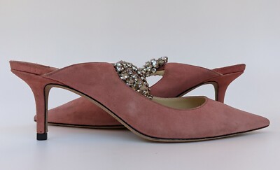 Jimmy Choo Bing Crystal Strap Suede Leather Mules Pink Size 36