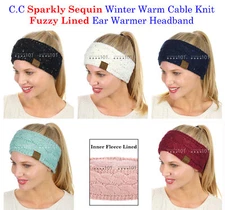 C.C Sparkly Sequin Winter Warm Cable Knit Fuzzy Lined Ear Warmer Headband