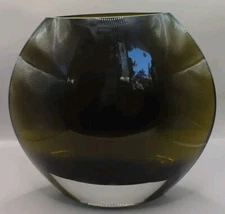 Krosno Poland Vase Ovoid Round Olive Amber Modernist Thick Art Glass 9X8.5"