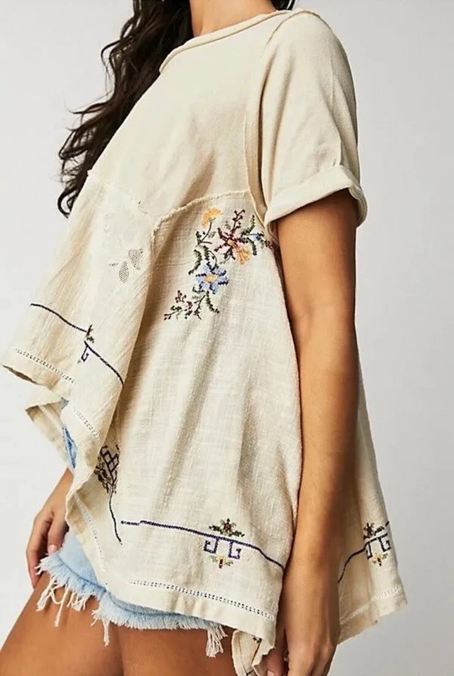 Camiseta Free People Keeping It Folk Bordada Floral Dobladillo Alto Fray Bronceado Combo S NUEVA Foto 2 de 4