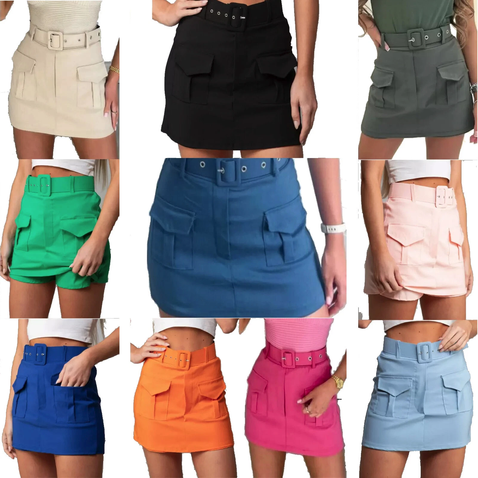 Ladies Belted Cargo Mini Skirt High Waist Combat Stretchy Front Pockets Skort