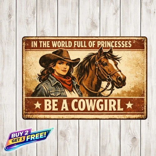 Cowgirl With Horse Western Tin Sign 8x12 Vintage Aluminum Funny Wall Decor