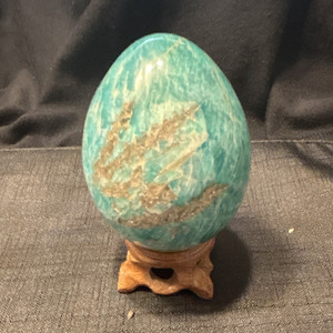 Amazonite Mineral Stone Egg Specimen Display on Wooden Stand